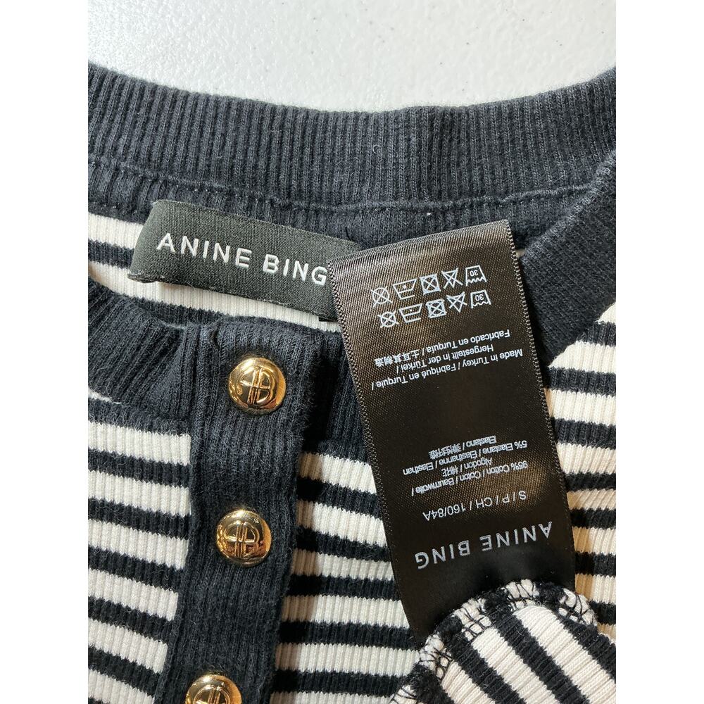 Anine Bing Black and White Striped Long Sleeve Henley Tee - Picture 4 of 4